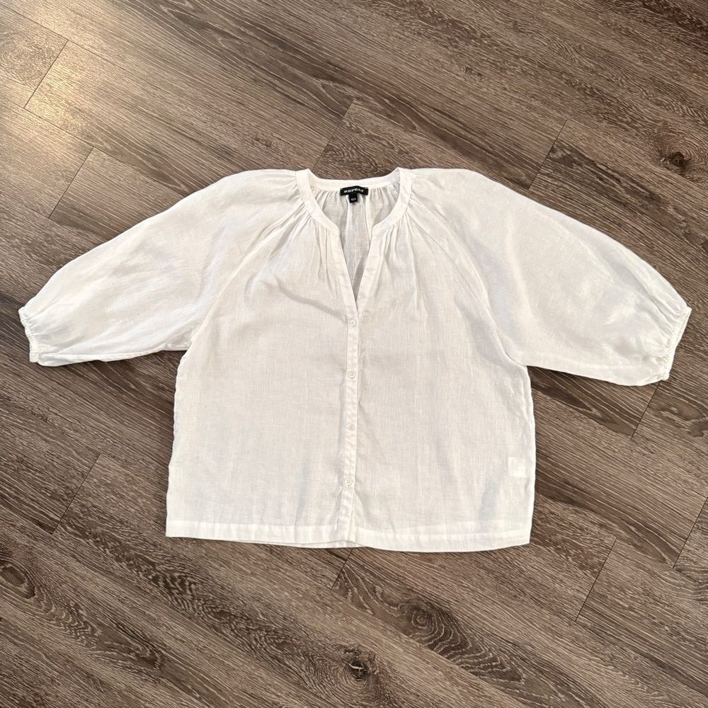 Repeat Buttoned Linen Puff Sleeve Blouse